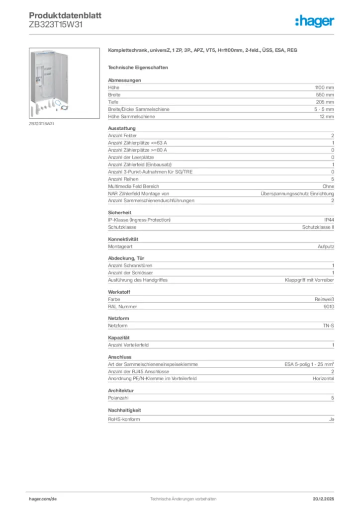 Bild Hager Produktdatenblatt ZB323T15W31 | Hager Deutschland