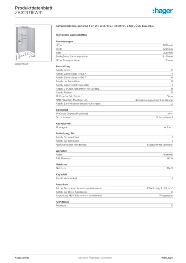 Bild Hager Produktdatenblatt ZB323T15W31 | Hager Deutschland