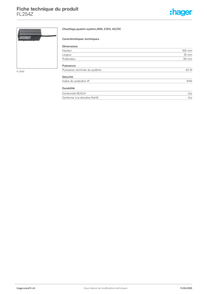 Image Hager Fiche technique du produit FL254Z | Hager Suisse