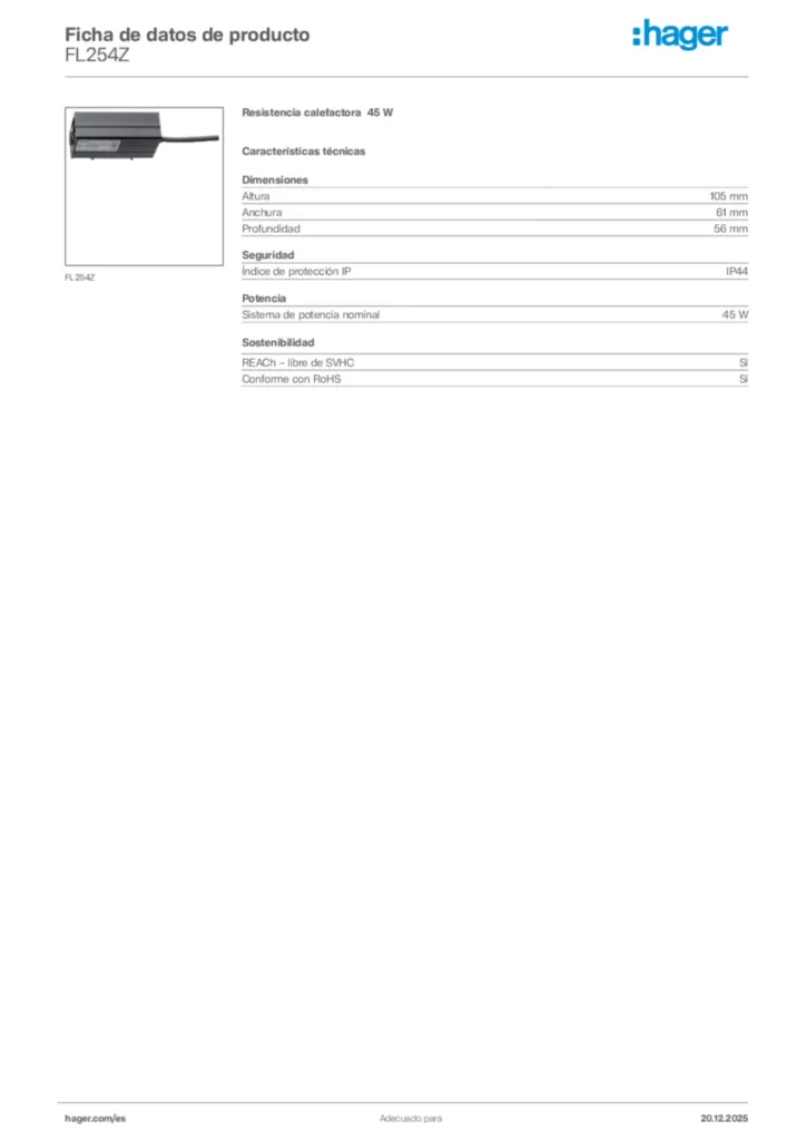 Imagen Hager Ficha de datos de producto FL254Z | Hager España