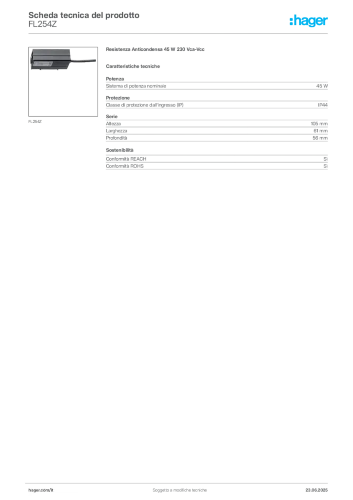 Immagine Hager Scheda tecnica del prodotto FL254Z | Hager Italia