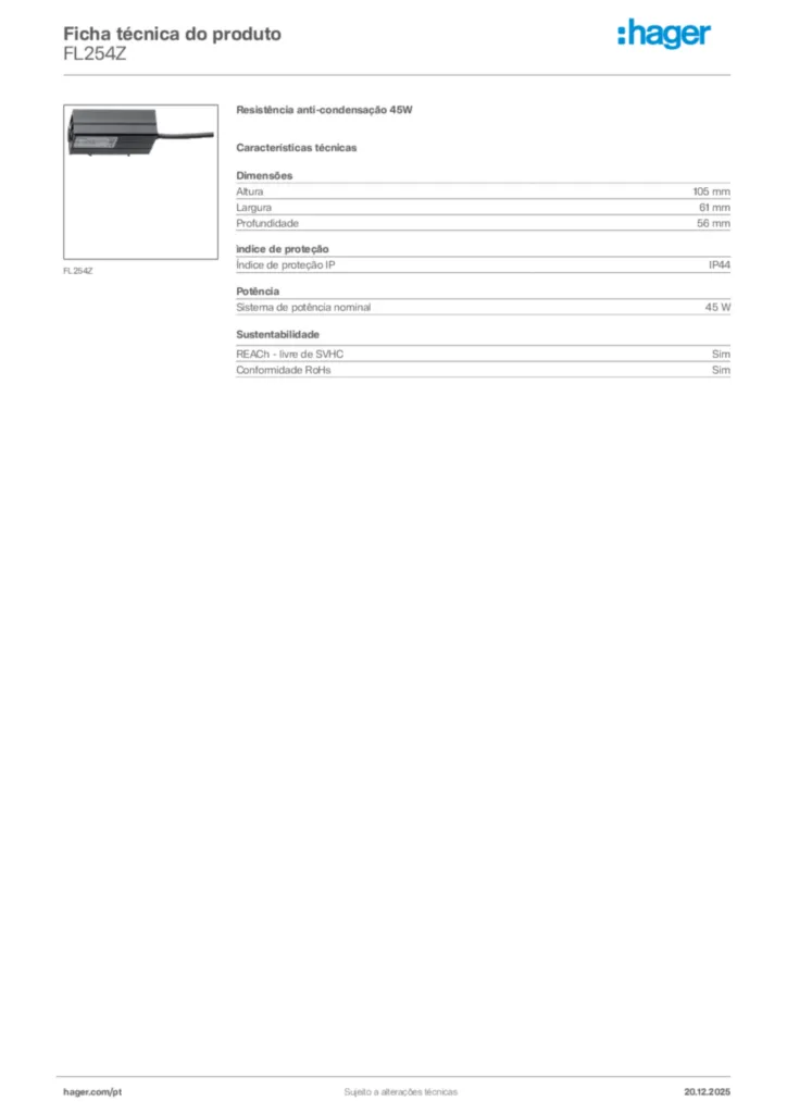 Imagem Hager Ficha técnica do produto FL254Z | Hager Portugal