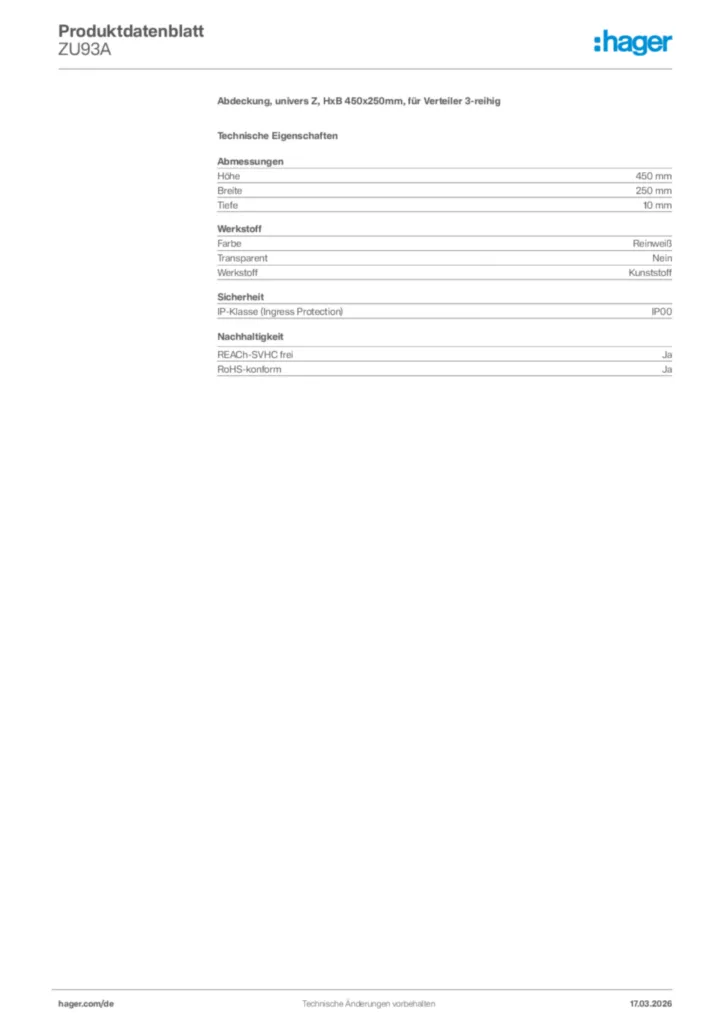 Bild Hager Produktdatenblatt ZU93A | Hager Deutschland