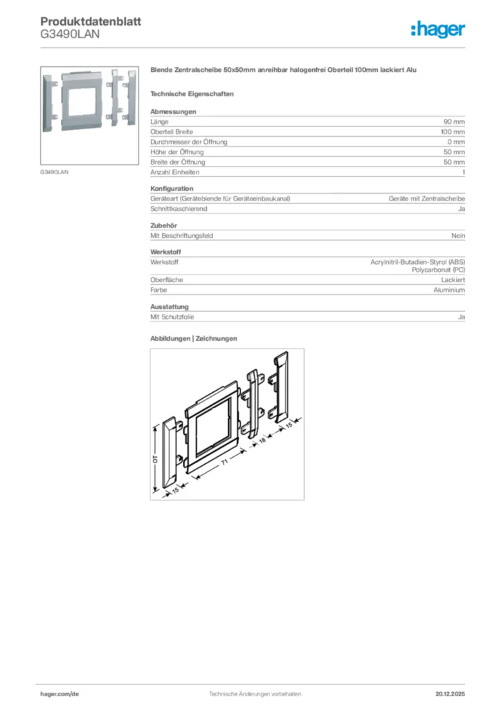 Bild Hager Produktdatenblatt G3490LAN | Hager Deutschland