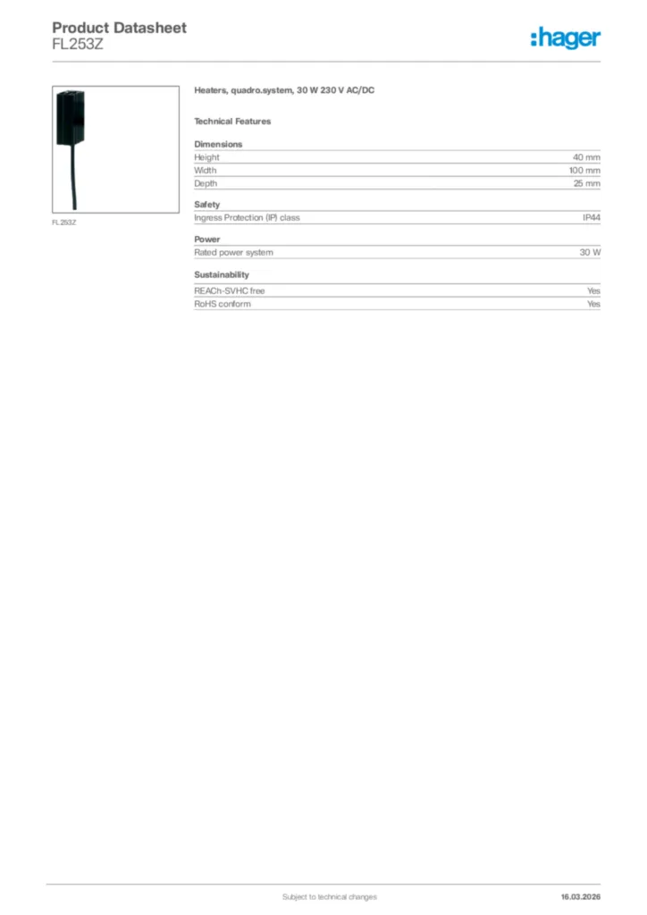 Image Hager Product data sheet FL253Z  | Hager Africa