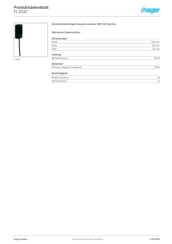Hager Produktdatenblatt FL253Z
