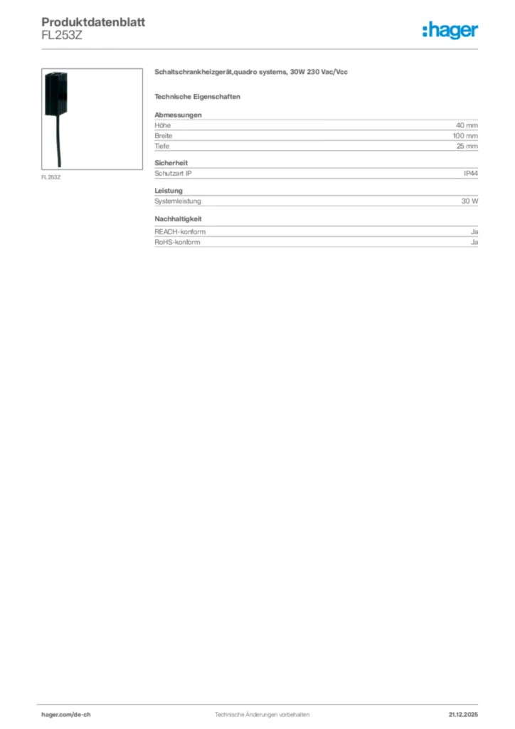 Bild Hager Produktdatenblatt FL253Z | Hager Schweiz