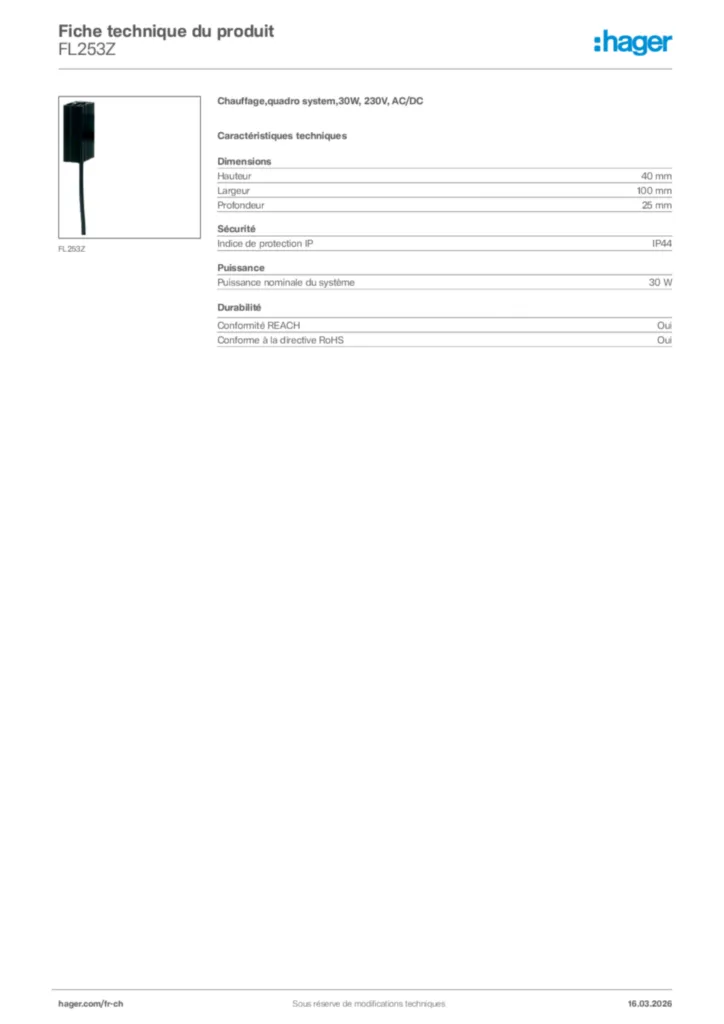 Image Hager Fiche technique du produit FL253Z | Hager Suisse