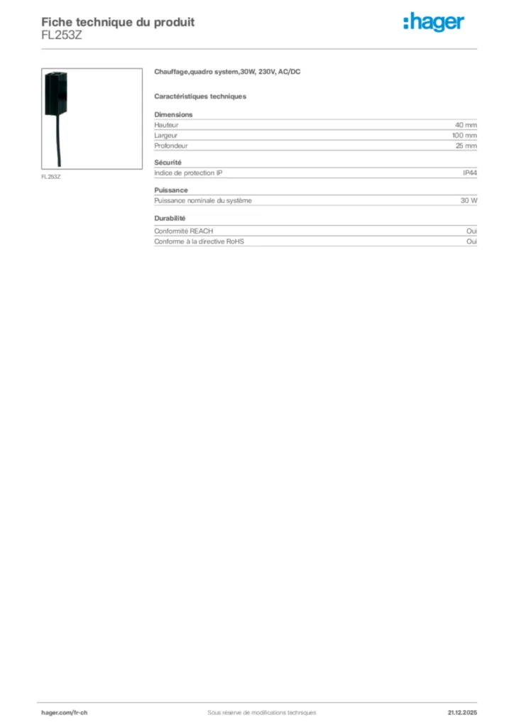 Image Hager Fiche technique du produit FL253Z | Hager Suisse