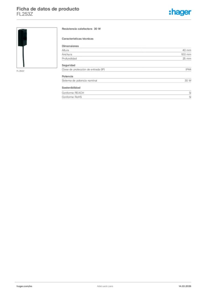 Imagen Hager Ficha de datos de producto FL253Z | Hager España