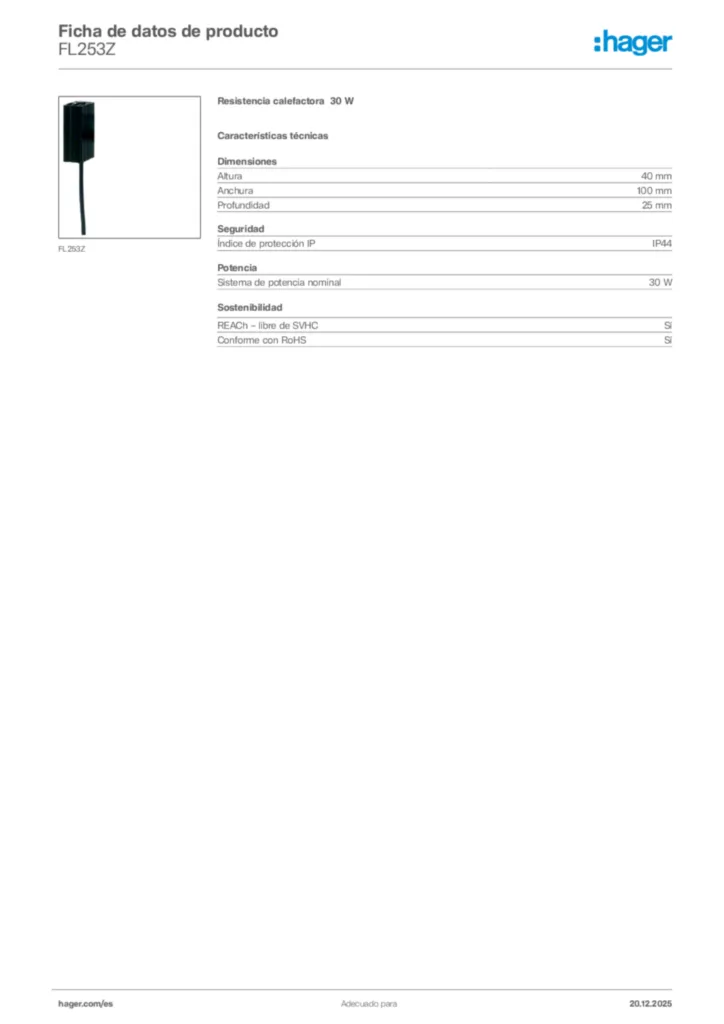 Imagen Hager Ficha de datos de producto FL253Z | Hager España