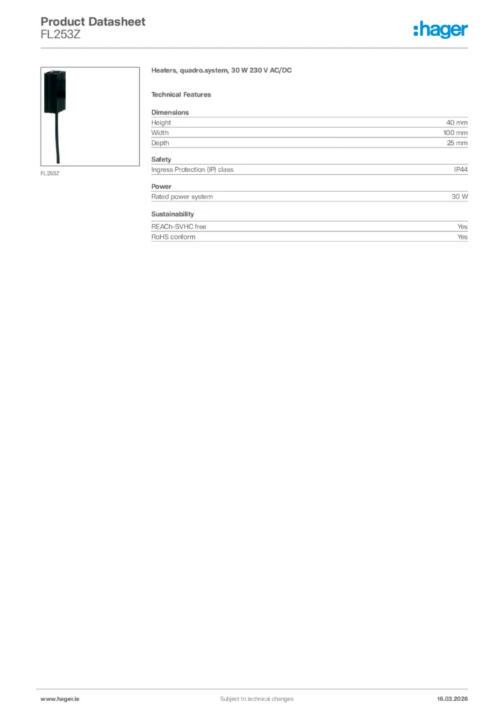 Image Hager Product data sheet FL253Z  | Hager