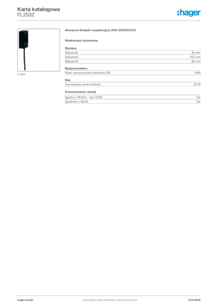 Zdjęcie Hager Karta katalogowa FL253Z | Hager Polska