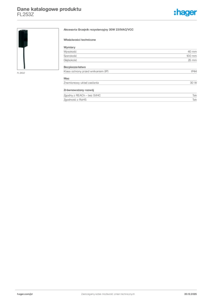 Zdjęcie Hager Dane katalogowe produktu FL253Z | Hager Polska