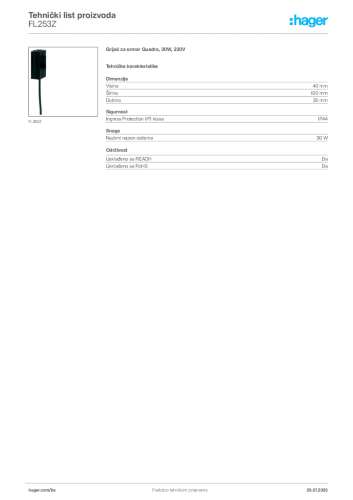 Slika Hager Product data sheet FL253Z  | Hager