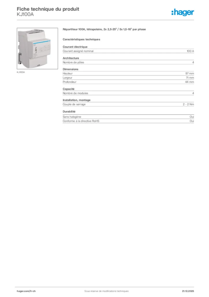 Image Hager Fiche technique du produit KJ100A | Hager Suisse