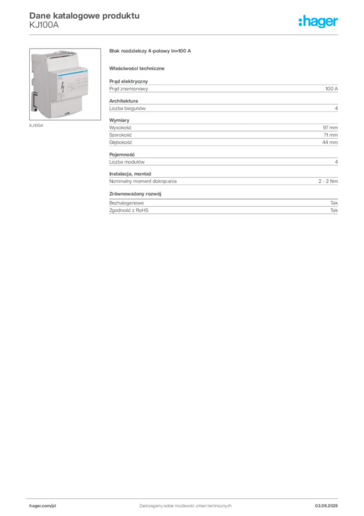 Zdjęcie Hager Dane katalogowe produktu KJ100A | Hager Polska