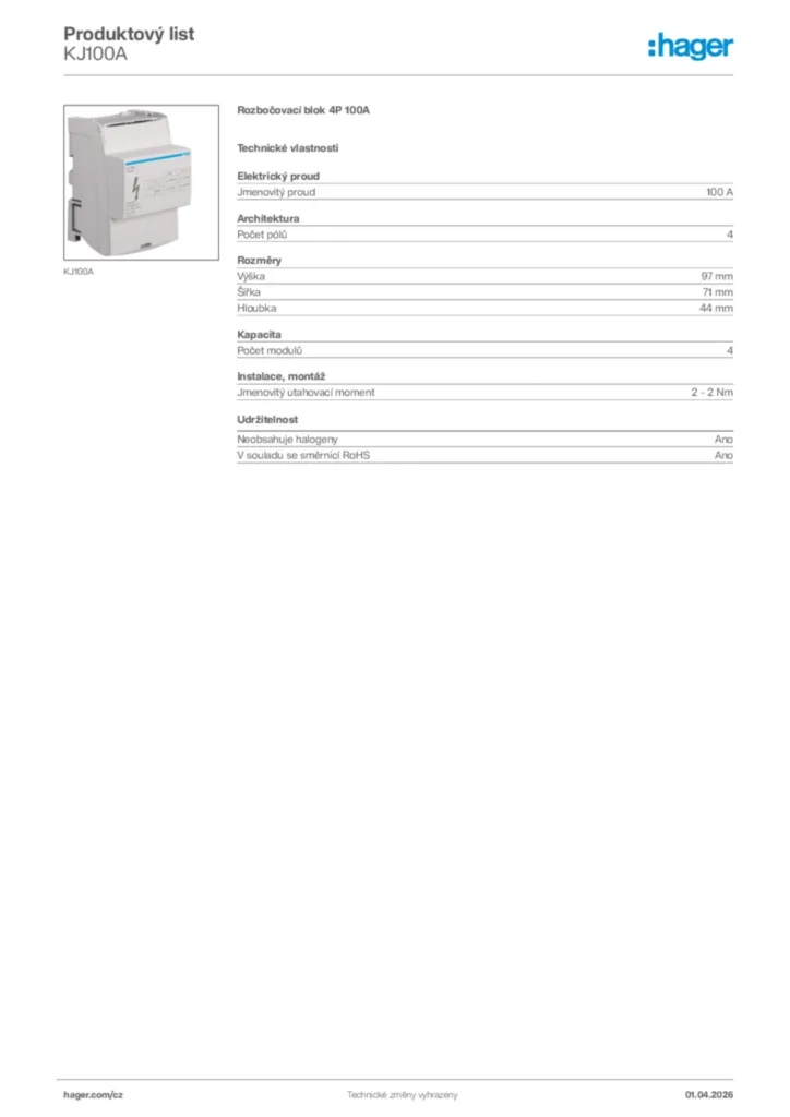 Obrázek Hager Product data sheet KJ100A | Hager