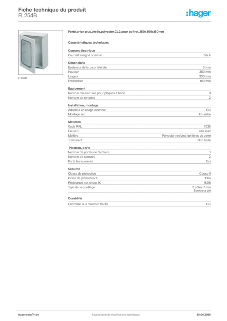 Image Hager Fiche technique du produit FL254B | Hager Belgique