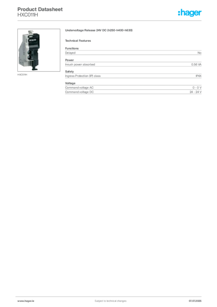 Image Hager Product data sheet HXC011H  | Hager