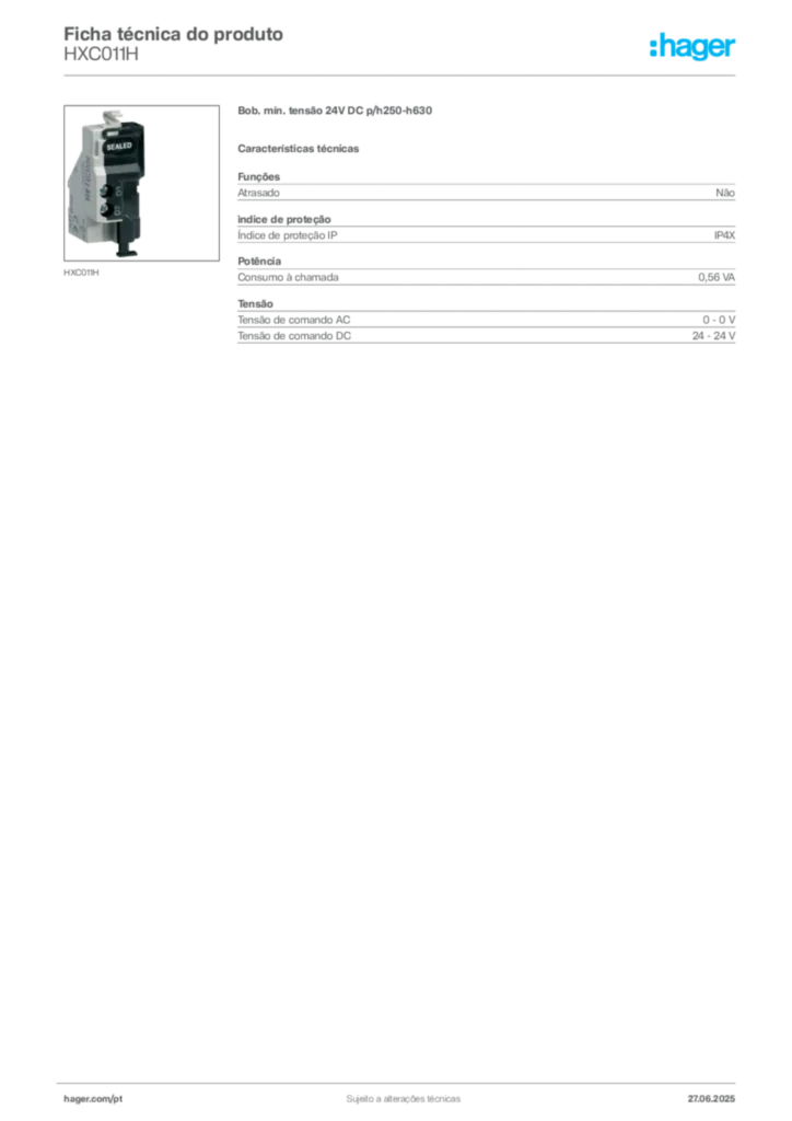 Imagem Hager Ficha técnica do produto HXC011H | Hager Portugal