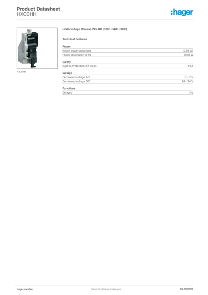 Image Hager Product data sheet HXC011H  | Hager Australia