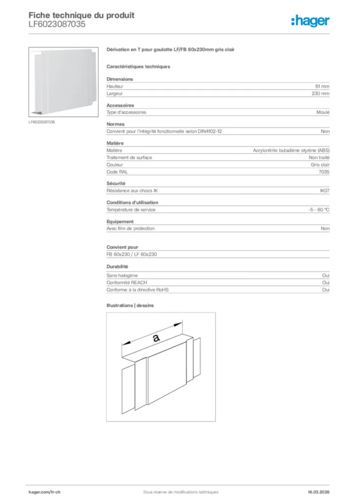 Image Hager Fiche technique du produit LF6023087035 | Hager Suisse