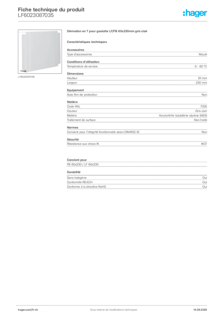 Image Hager Fiche technique du produit LF6023087035 | Hager Suisse