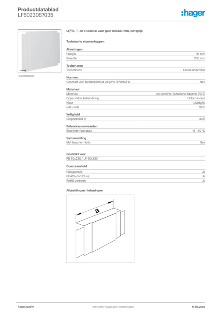 Afbeelding Hager Productdatablad LF6023087035 | Hager Nederland