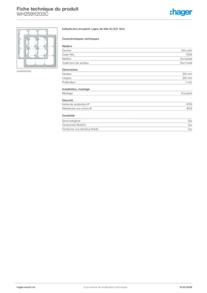 Image Hager Fiche technique du produit WH25911203C | Hager Suisse