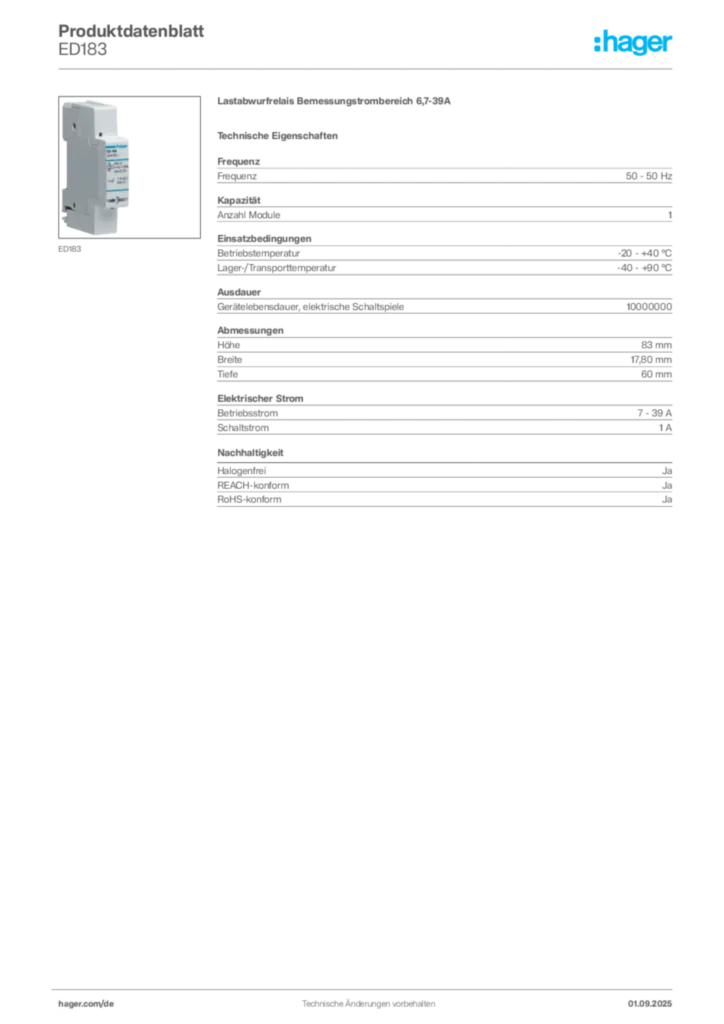 Hager Produktdatenblatt ED183