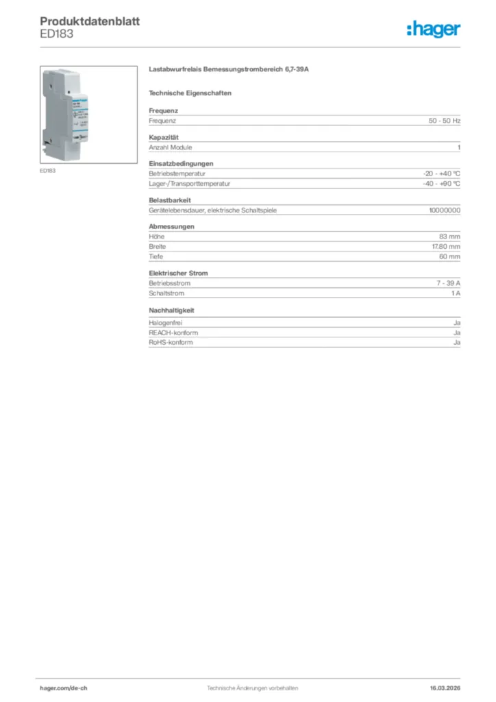 Bild Hager Produktdatenblatt ED183 | Hager Schweiz