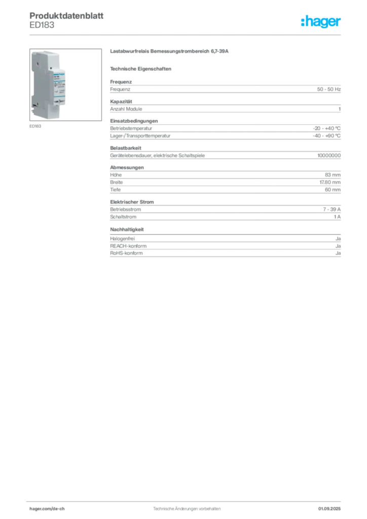 Bild Hager Produktdatenblatt ED183 | Hager Schweiz
