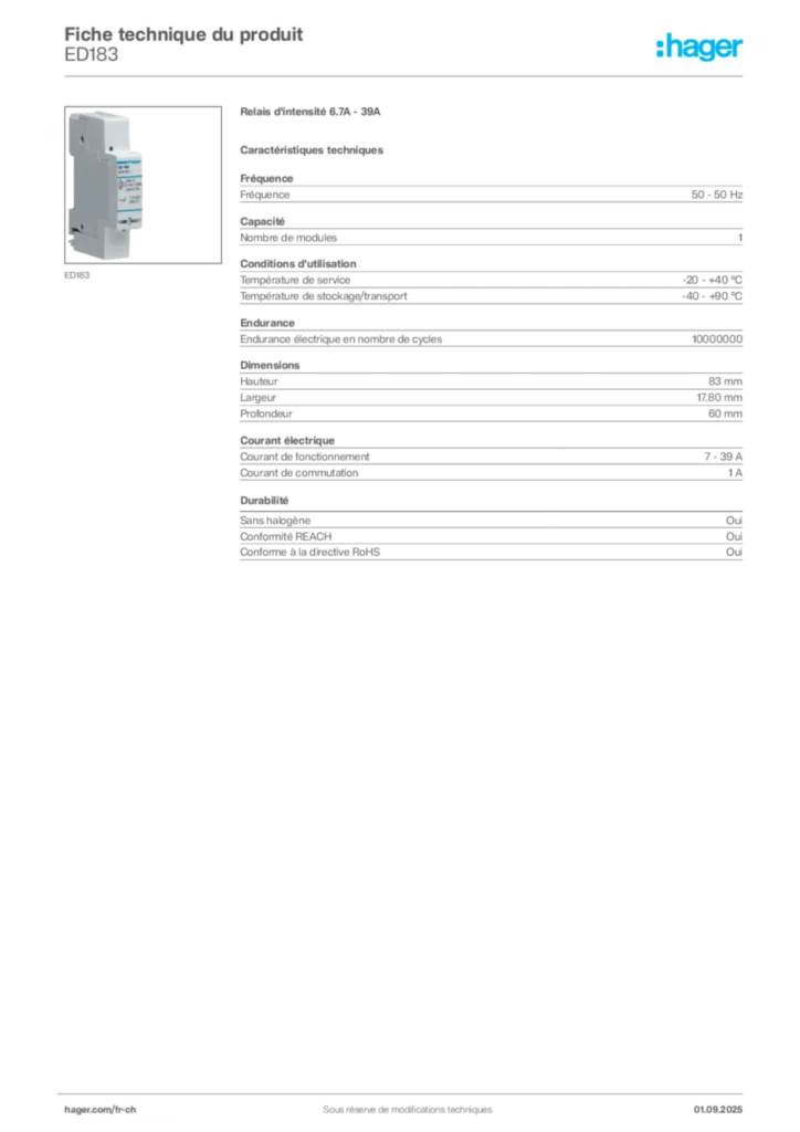 Image Hager Fiche technique du produit ED183 | Hager Suisse