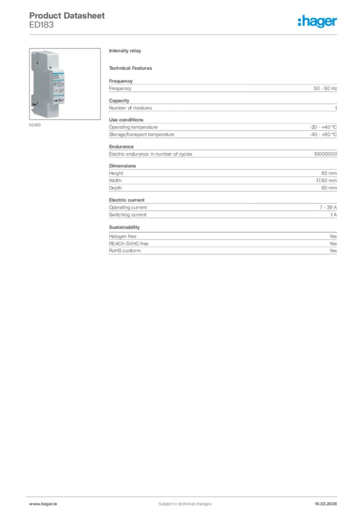 Image Hager Product data sheet ED183  | Hager