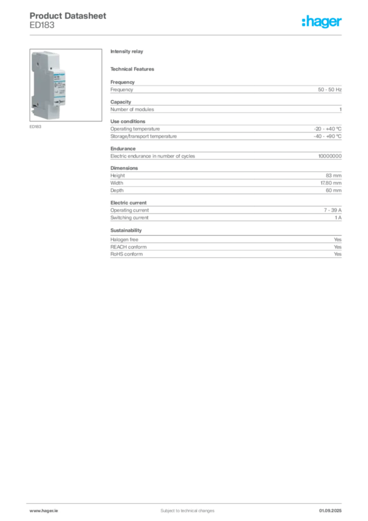 Image Hager Product data sheet ED183  | Hager