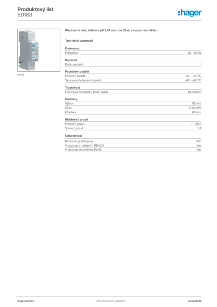 Obrázek Hager Product data sheet ED183 | Hager