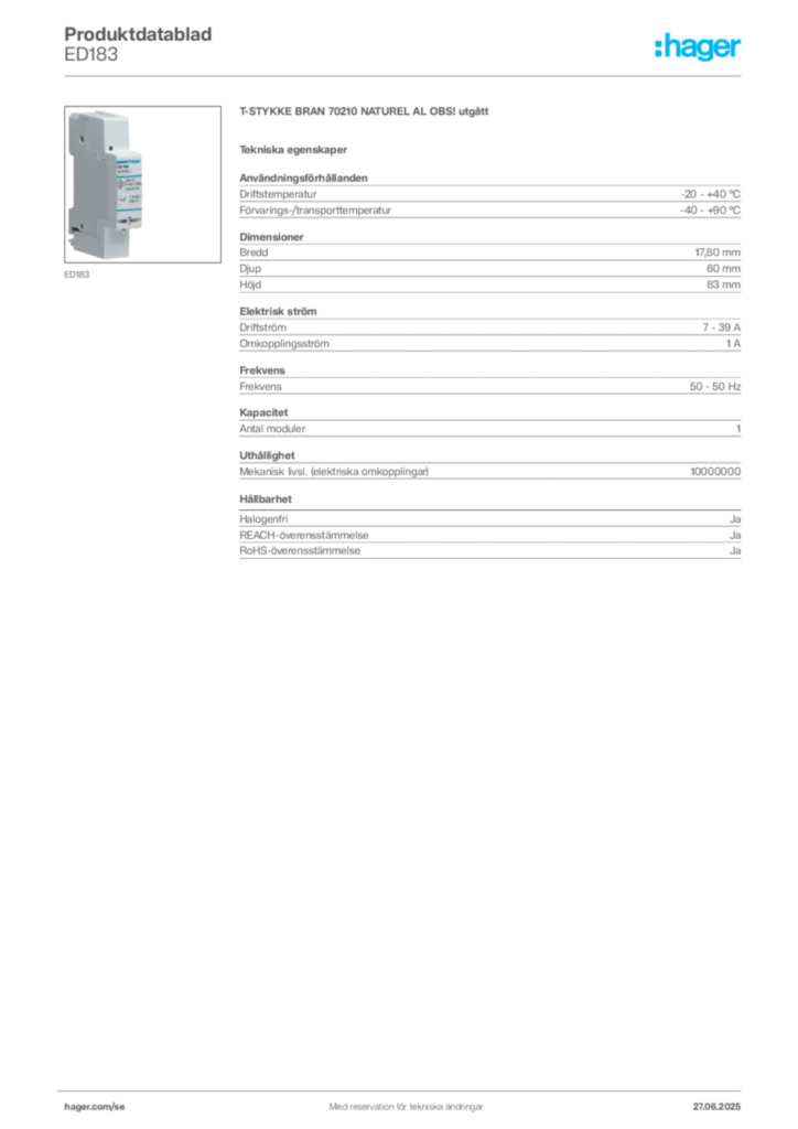 Bild Hager Produktdatablad ED183 | Hager Sverige
