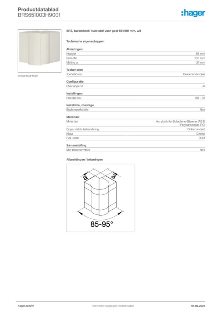 Afbeelding Hager Productdatablad BRS651003H9001 | Hager Nederland