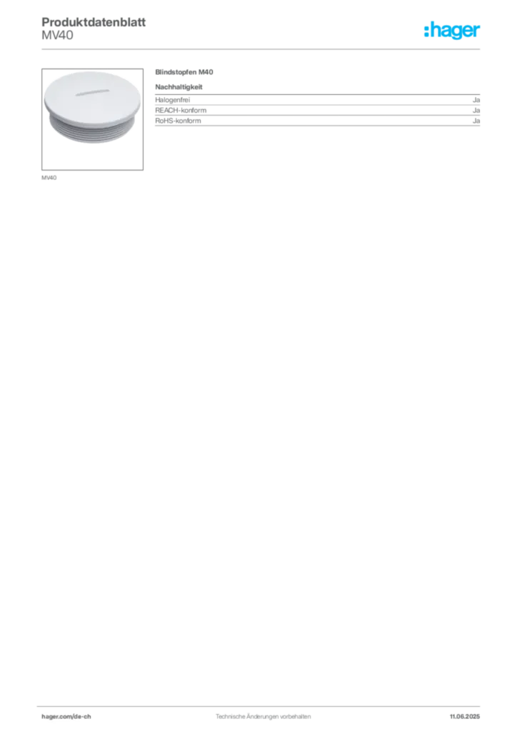 Bild Hager Produktdatenblatt MV40 | Hager Schweiz
