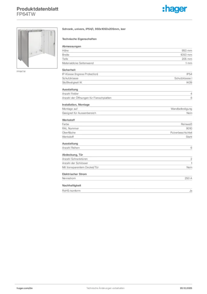 Bild Hager Produktdatenblatt FP64TW | Hager Deutschland