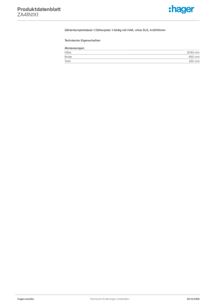 Bild Hager Produktdatenblatt ZA41N1X1 | Hager Deutschland