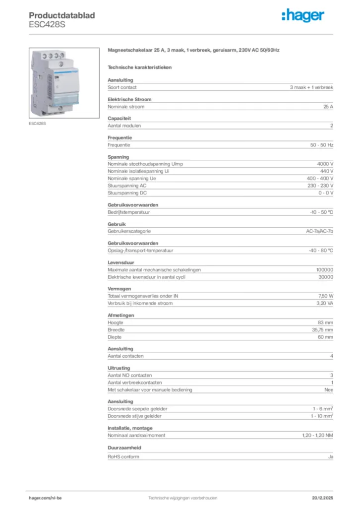 Afbeelding Hager Productdatablad ESC428S | Hager Belgium