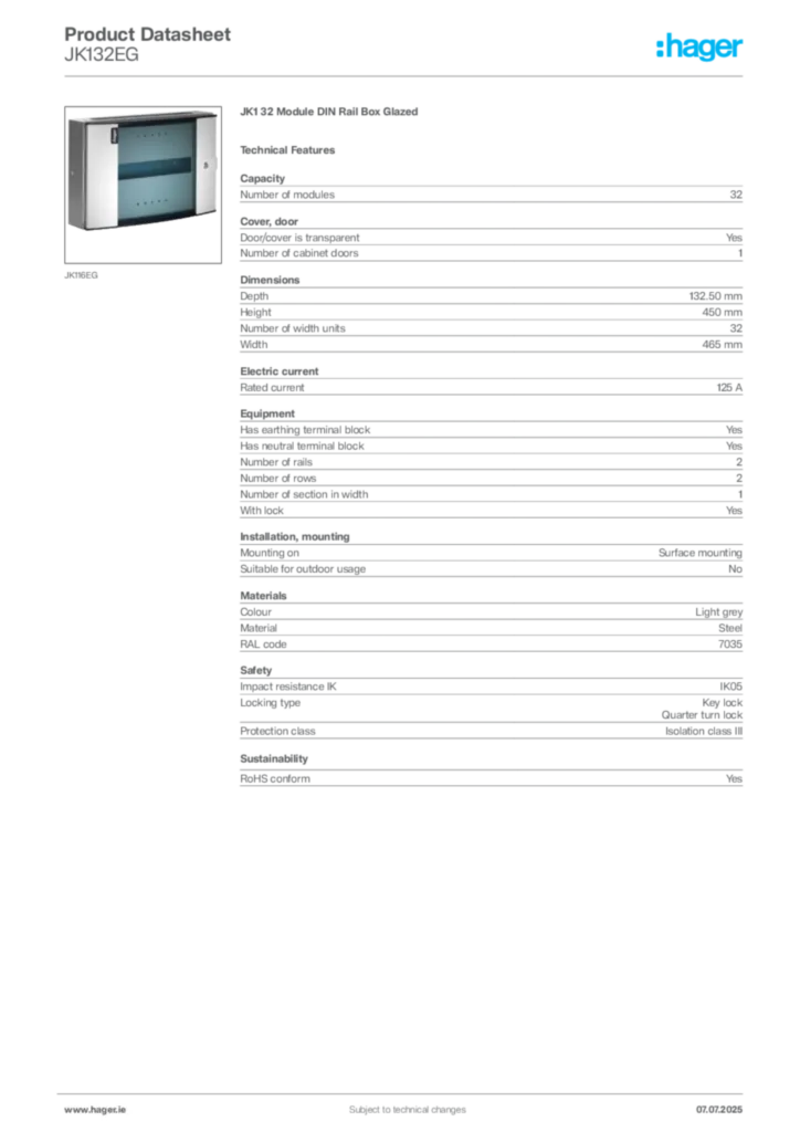 Image Hager Product data sheet JK132EG  | Hager