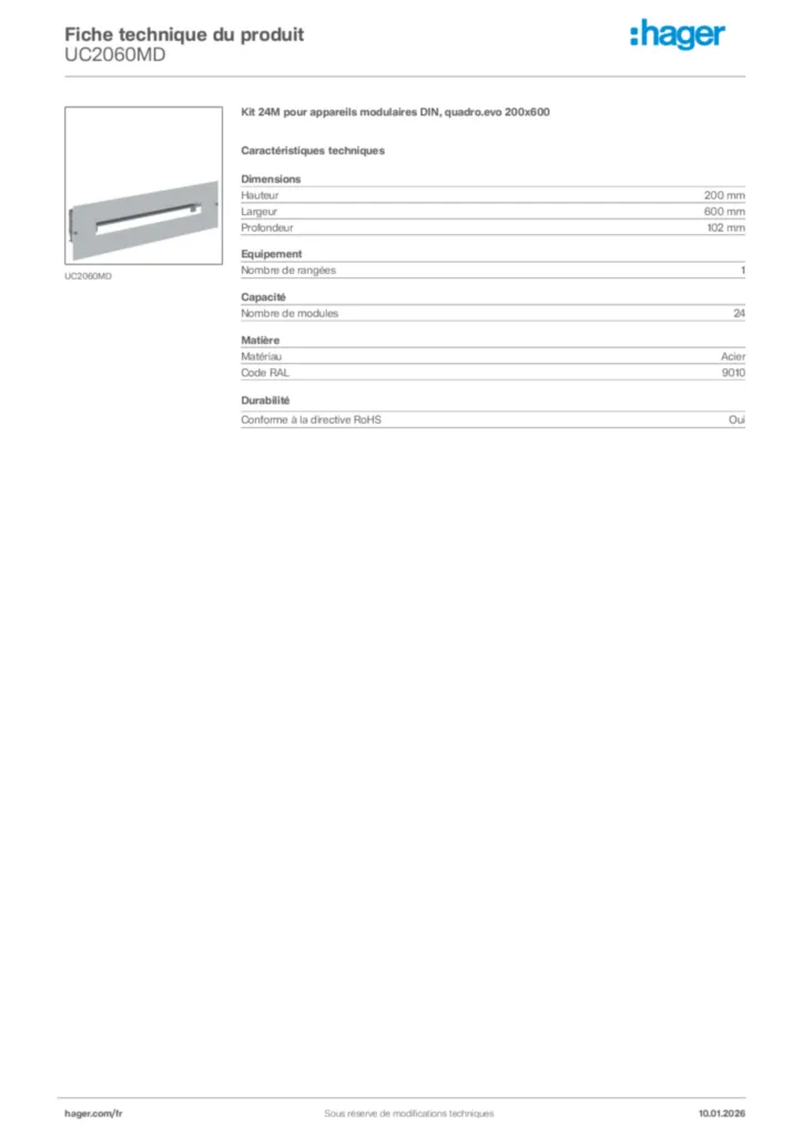 Image Hager Fiche technique du produit UC2060MD | Hager France