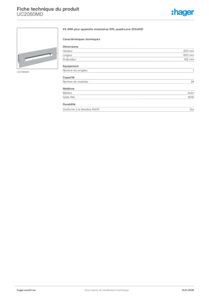 Image Hager Fiche technique du produit UC2060MD | Hager Belgique