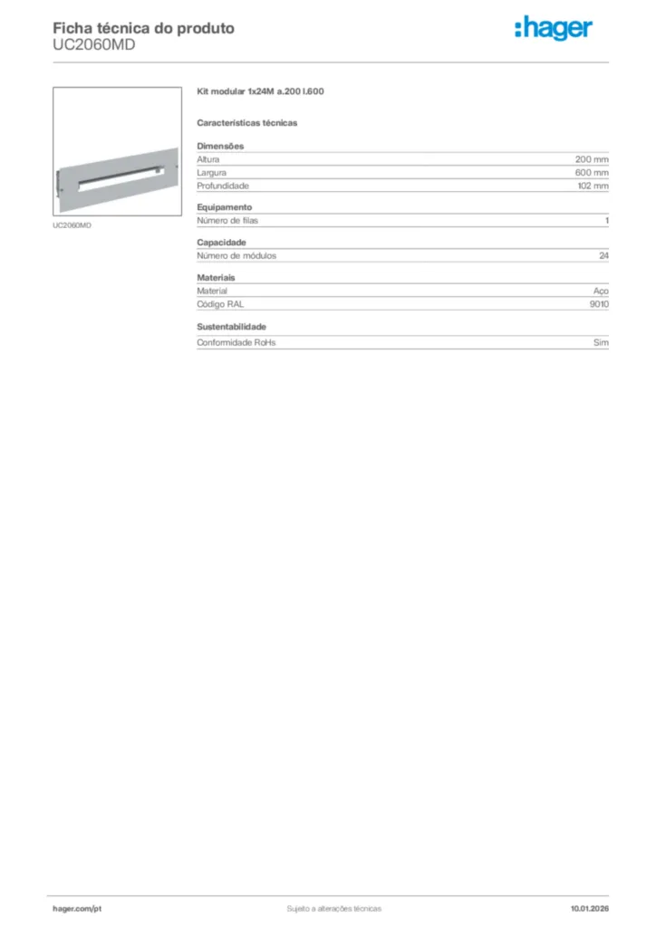 Imagem Hager Ficha técnica do produto UC2060MD | Hager Portugal
