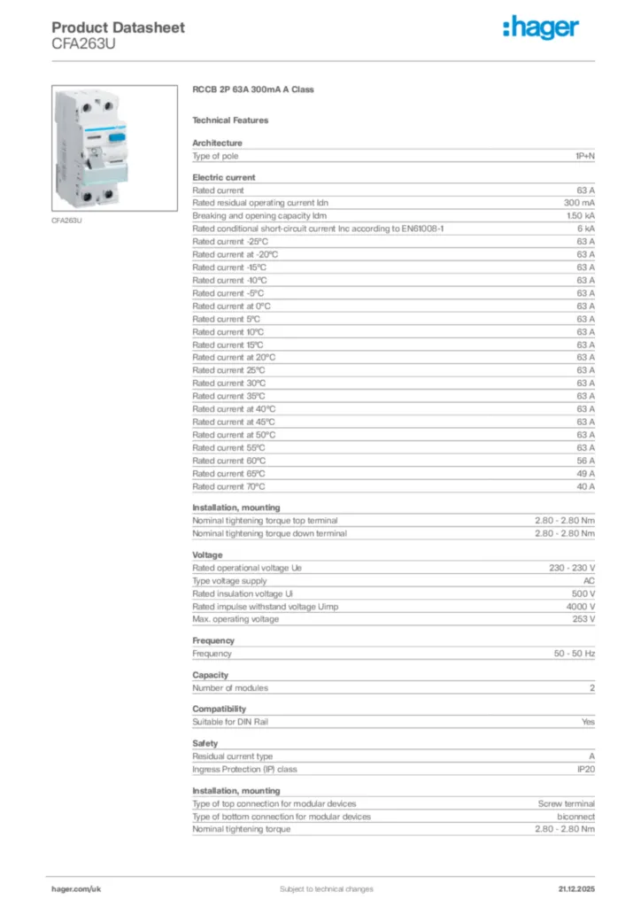 Image Hager Product data sheet CFA263U  | Hager