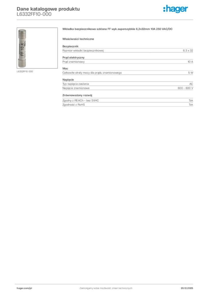 Zdjęcie Hager Dane katalogowe produktu L6332FF10-000 | Hager Polska