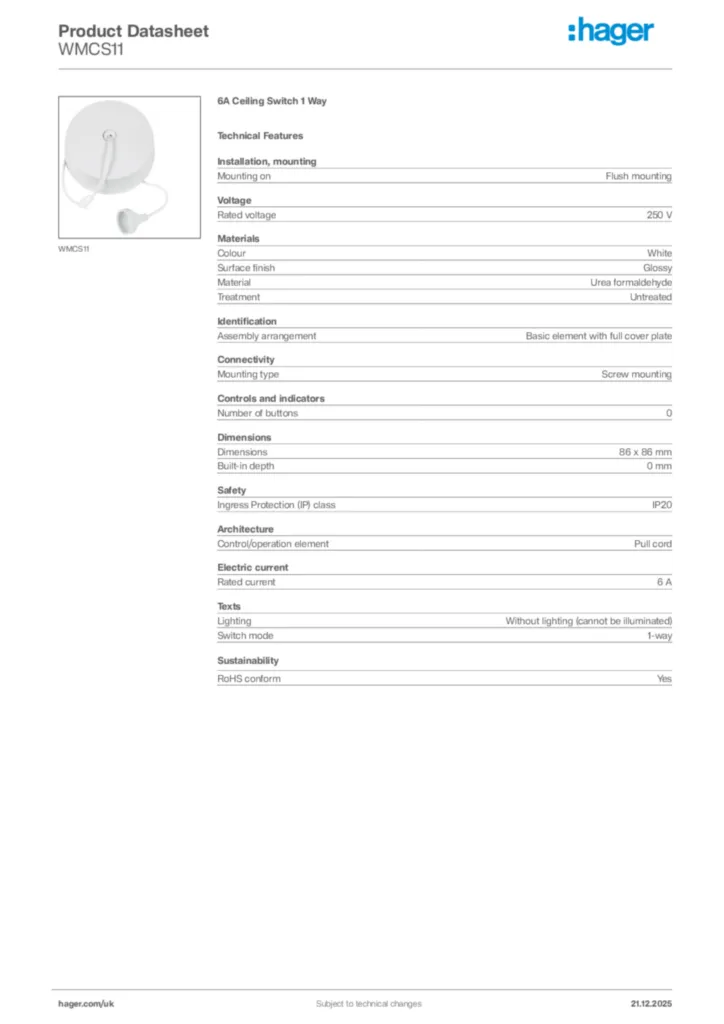Image Hager Product data sheet WMCS11  | Hager